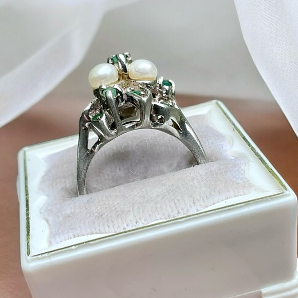 🌺Vintage Sterling Genuine Emerald/Pearl Ring - Picture 4 of 12
